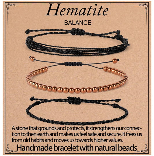 QOGIR Handmade Healing Bracelet,4mm Natural Copper Hematite Gem Stone Beads Bracelet Gifts for Men Women with 2PCS Size Adjustable Rope Bracelets