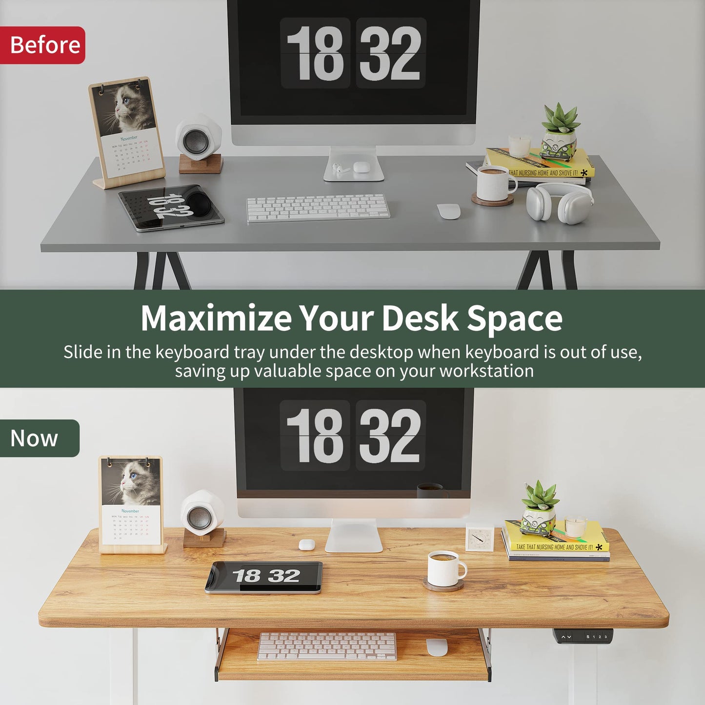 FEZIBO Standing Desk with Keyboard Tray, 40 x 24 Inch Adjustable Height Sit Stand Desk with Memory Presets for Home Office, Ergonomic Computer Workstation, Light Rustic