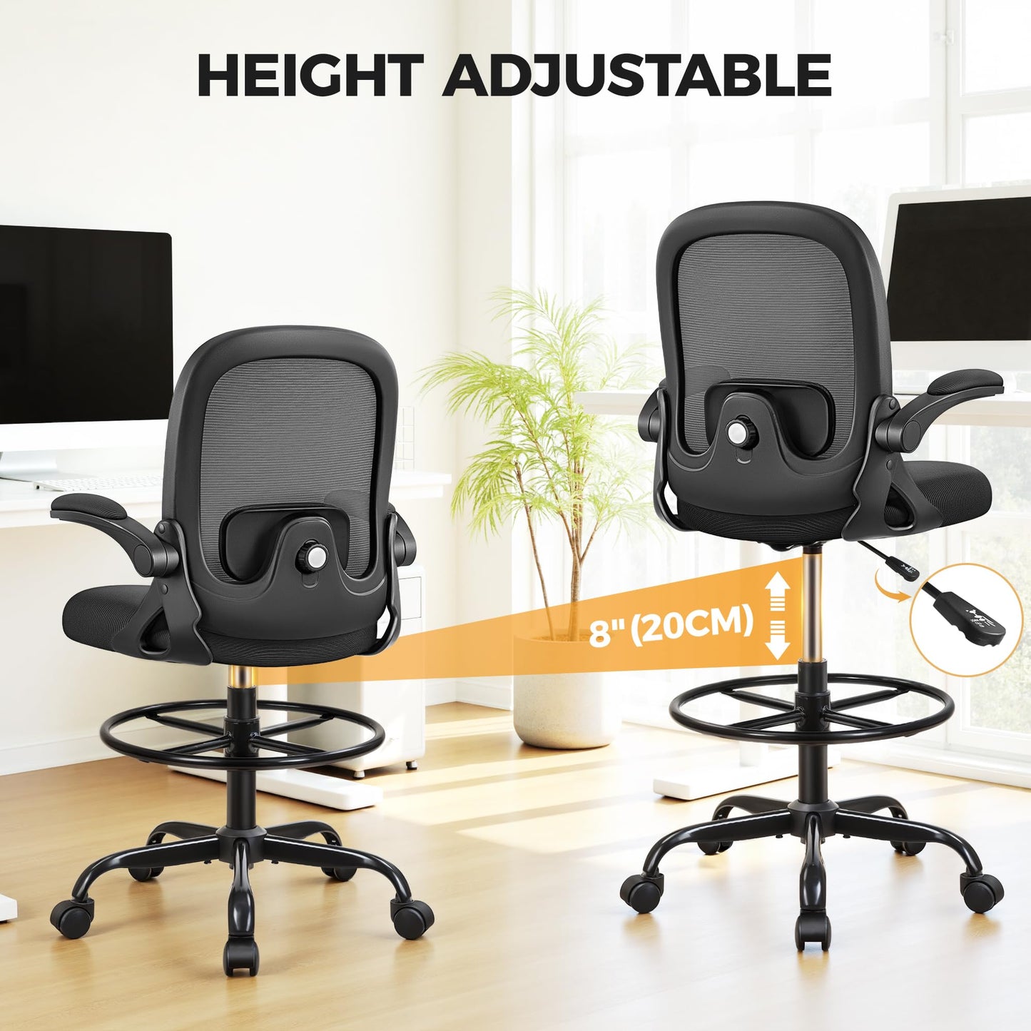Primy Home Office Drafting Chair - Tall Desk Chair with Flip-up Armrests 3D Lumbar Support, Comfort Drafting Chair with Footrest for Standing Desk, High Chair for Bar Study Work