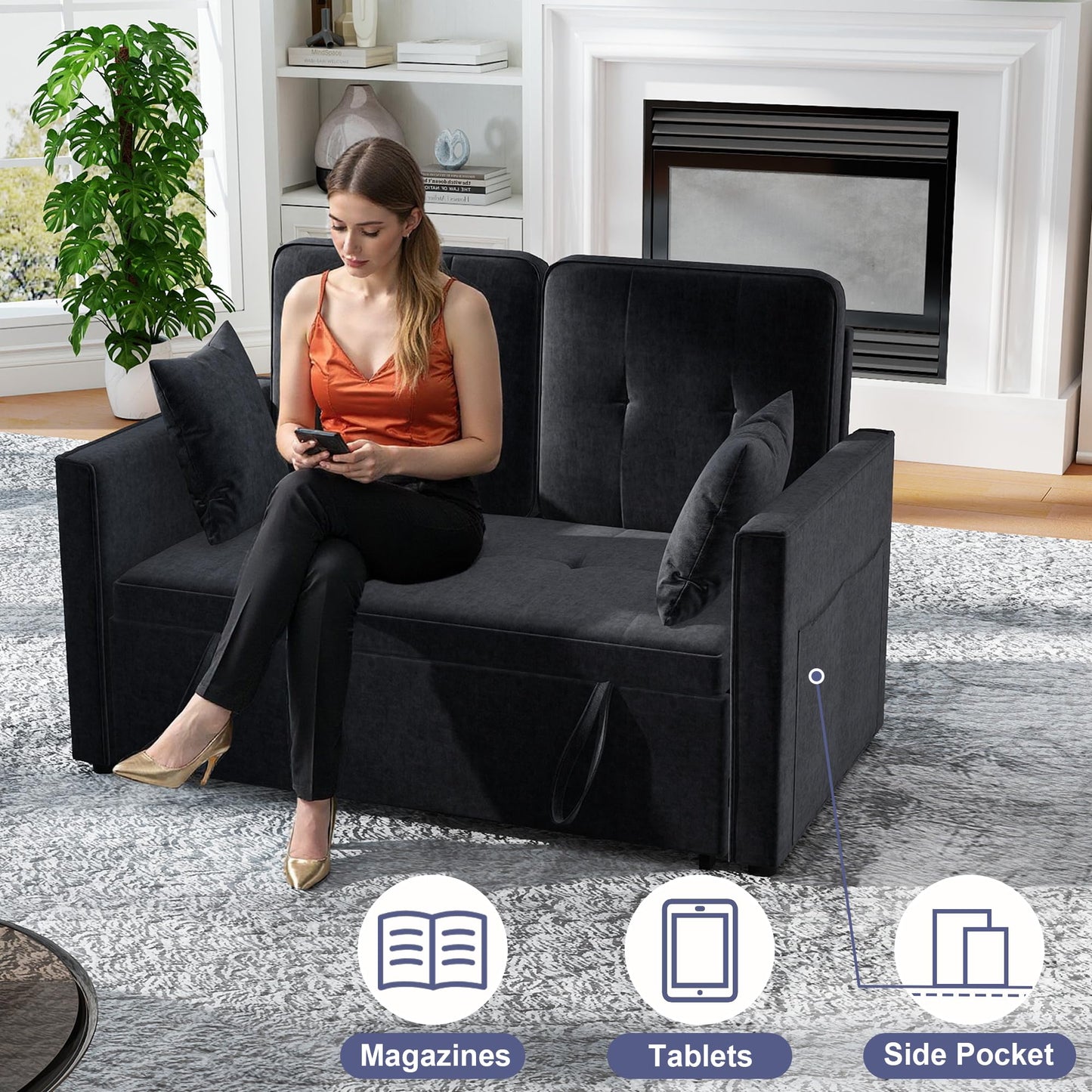 Nyvoral Loveseat Sleeper Sofa Bed Couch: Queen Sleeper Chair Pull Out Bed for Living Room, Black Velvet Couch Beds for Small Spaces, 3 in 1 Convertible Sofa with Armrests