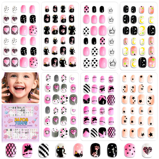 SAVILAND 7 Days Press on Nails for Kids: 168Pcs Children False Artificial Fake Nail Tips Sweet Edgy Pre-glue Full Cover Short Acrylic Nails with Nail Adhesive Tabs Gifts for Girls 8-12 Year (GlamKids)