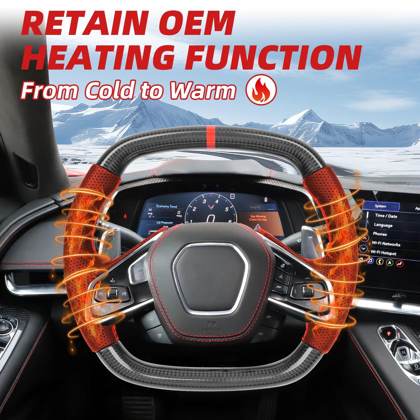 Heated Real Carbon Fiber Steering Wheel for Chevy Corvette C8 Stingray Z06 ERay 2020-2026, Red Stripe Perforated Leather, Flat Top Bottom Replacement, Retains OEM Heating