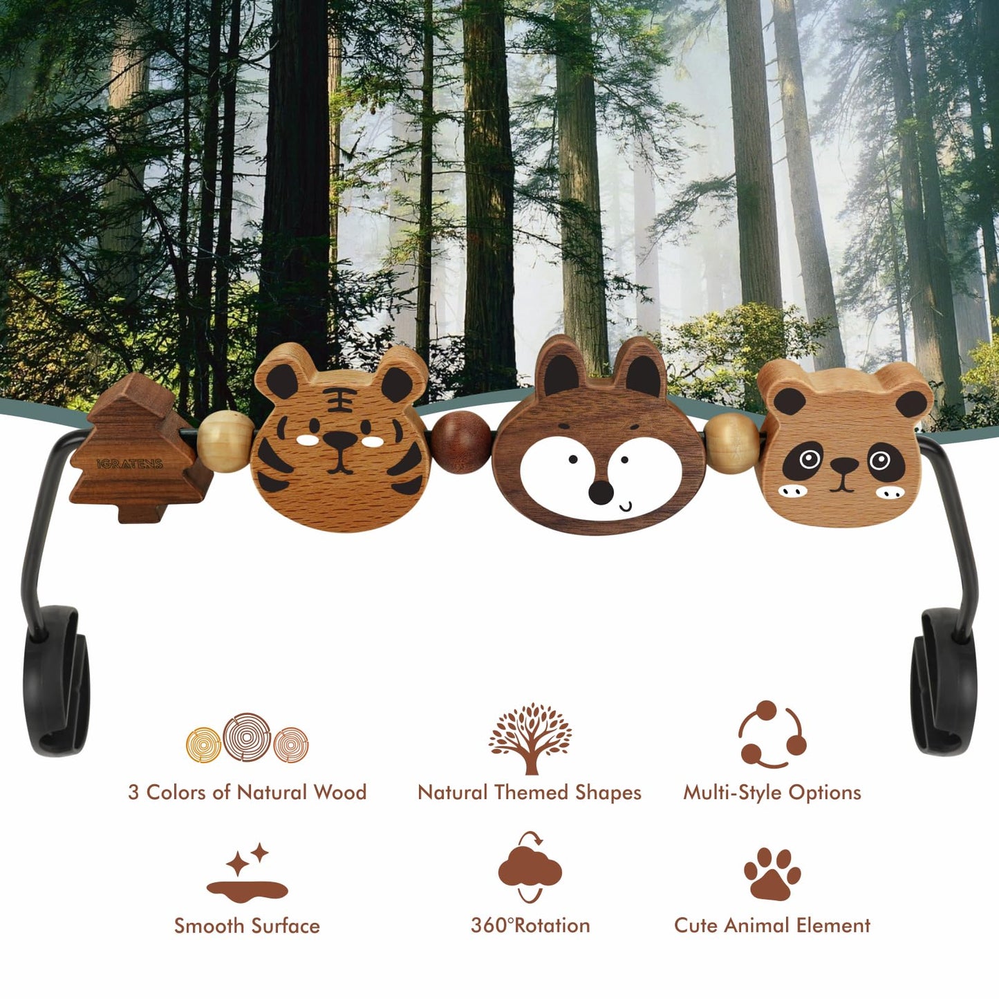iGRATENS Baby Bjorn Bouncer Toy Bar - Toy Bar for Baby Bouncer Soft & Bliss, Easy to Attach and Remove, 360°Rotating Natural Wooden Toys, Exciting Design for Curious Babies, Safari Animals
