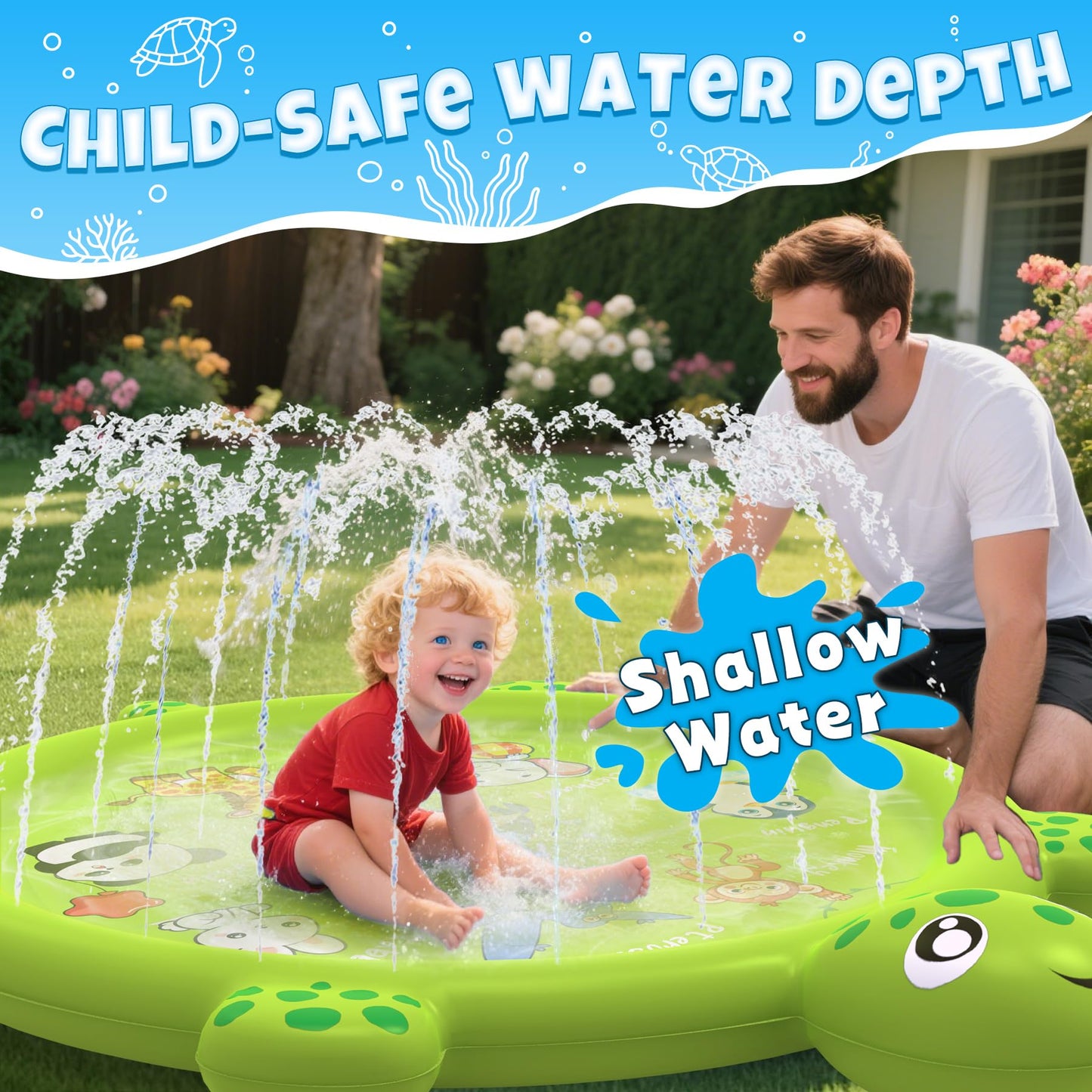tmstorys Splash Pad for Toddlers 1-3, 67" Turtle Sprinkler & Splash Play Mat, Inflatable Baby Kid Pool, Summer Outdoor Water Toys for Toddlers, Boys, Girls Backyard Garden Lawn Games