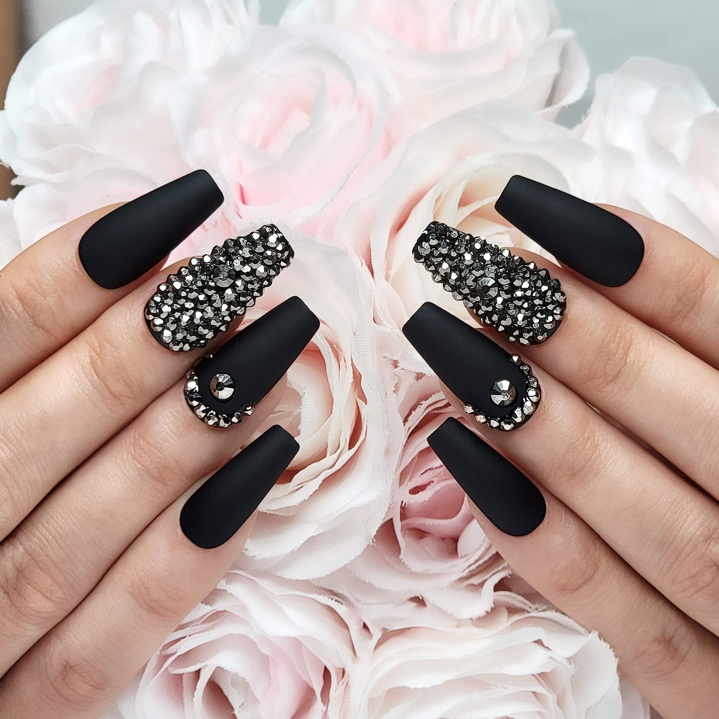 Hypnaughty 24 Pcs Rhinestone Noir Coffin Press On Nails with Gunmetal Color Luxury Rhinestones and Glue Medium Length Glue On False Nails (Rhinestone Noir)