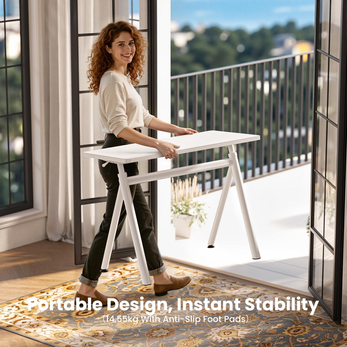 WALKINGDESK Standing Desk, 4-Leg Pneumatic Adjustable Desk for Walking Pad Treadmill - Stable No Wobble Fixed Frame, 40” Computer Desk with Fabric Drawer for Home Office, Gaming Desk, White