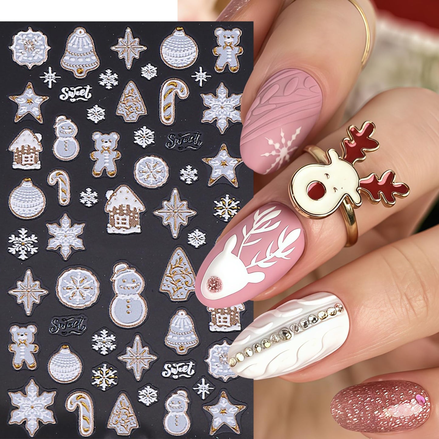 2 Sheets Christmas Nail Art Sticker 5D Embossed Self-Adhesive Nail Decals Elk Snowman Santa Xmas Tree Lantern Ball Nail Design Stickers Winter Holiday Nail Sticker Nail Decoration Supplies for Women