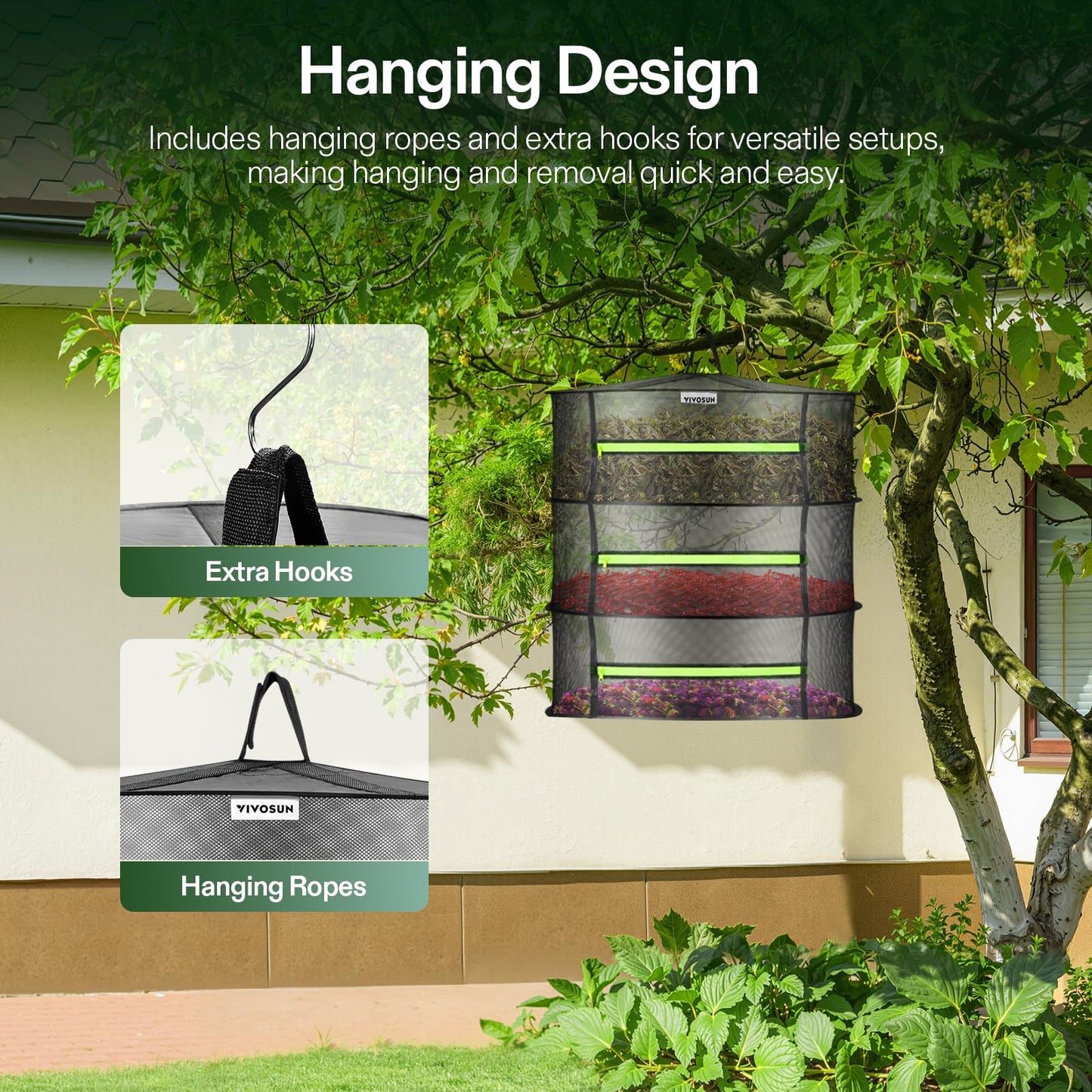 VIVOSUN 3-Layer Mesh Drying Rack Hanging Design and S336 3x3 Grow Tent, 36"x36"x72" High Reflective Mylar with Observation Window and Floor Tray