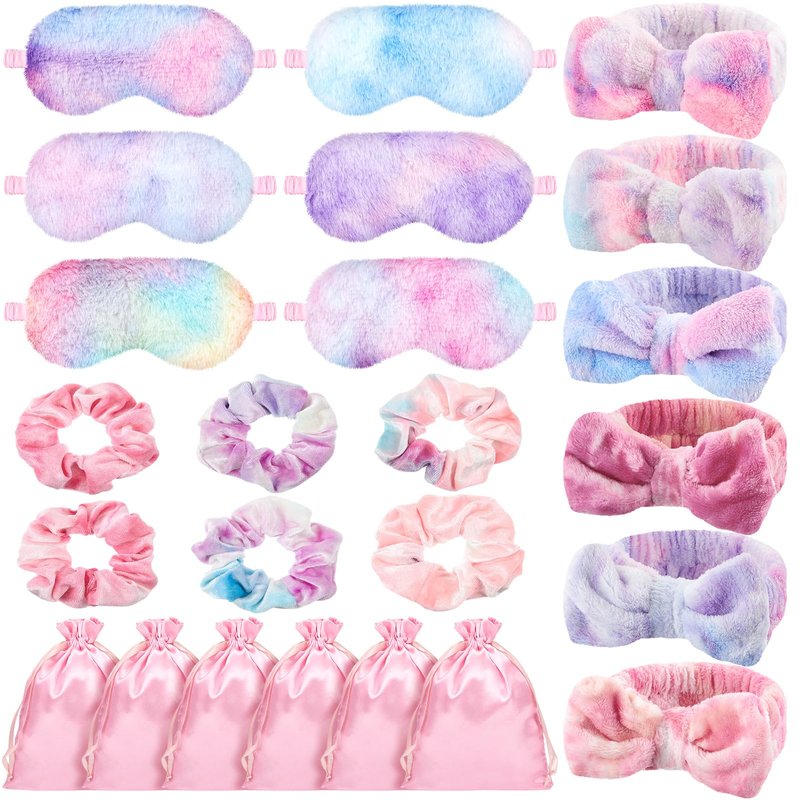 Wavwavw 24 Pcs Sleepover Supplies for Women Spa Headband Plush Eye Mask Bow Makeup Headbands Storage Bags Pajama Party Favors for Birthday Spa Bachelorette Party