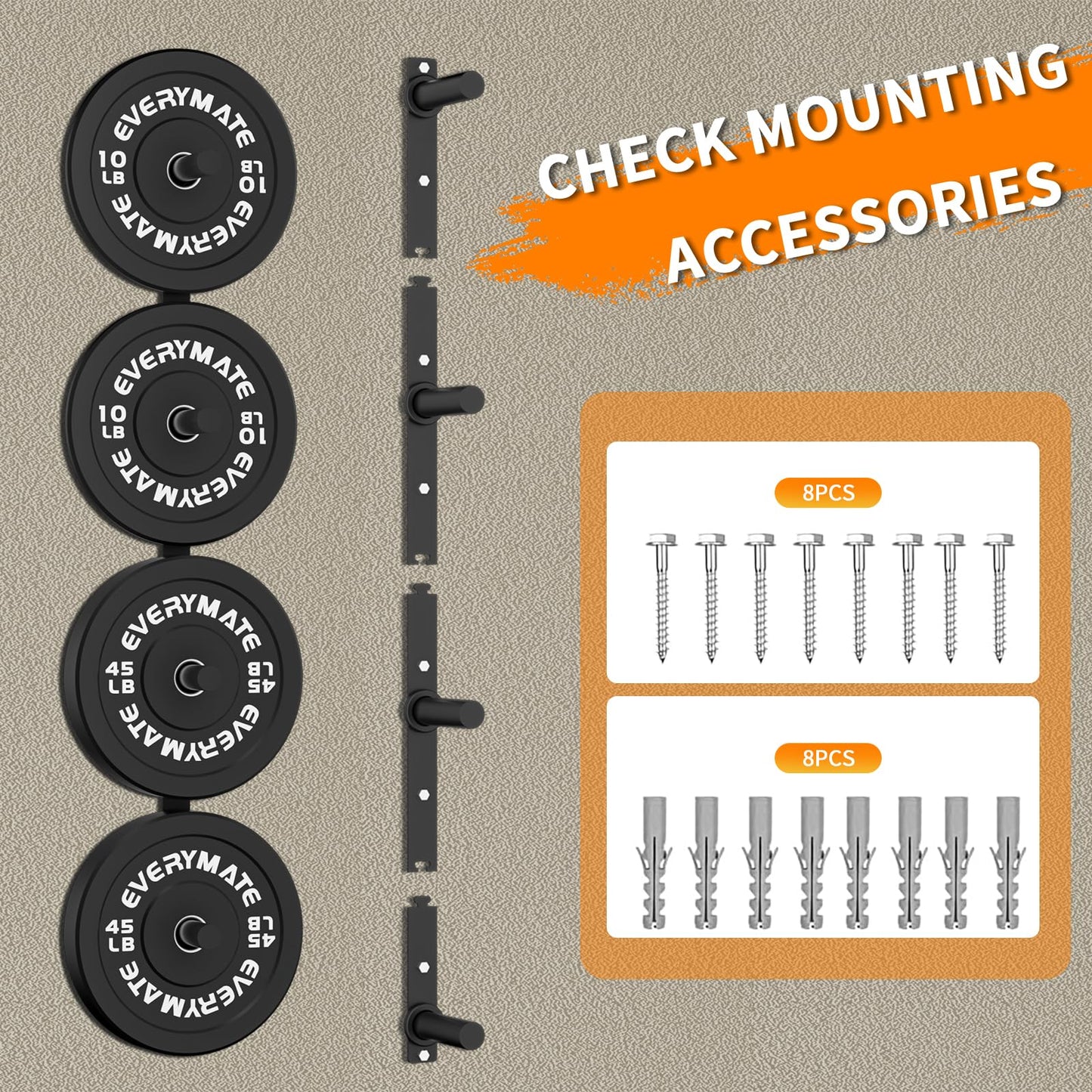 EVERYMATE Weight Plate Storage Rack, Wall Mounted Weight Plate Holder, Bumper Plate Storage for Home Gym, Heavy Weight Plates Holder Fit 2"Plates (4peg)"