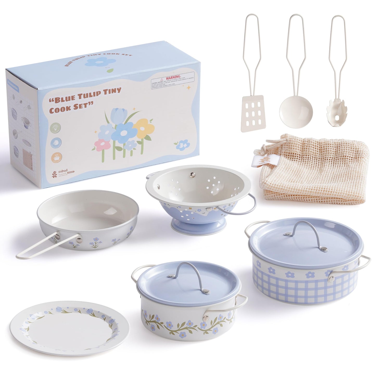 ROBUD Kids Pots and Pans Playset,Kids Kitchen Accessories Pretend Cooking,Cream Blue Pots and Pans Metal, Toddler Kitchen Playset for Boys Girls, Mini Toy Kitchen Accessories(9 Pieces)