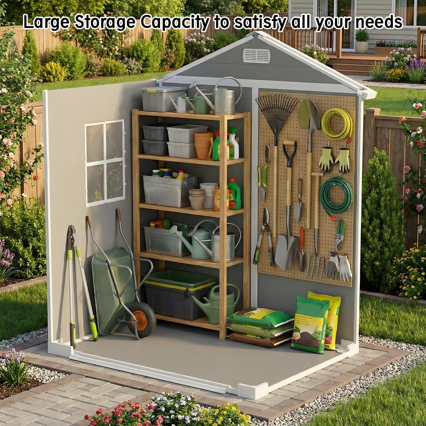 LARBANKE 6×4FT Outdoor Storage Shed with Floor and Slop Roof,Waterproof Garden Storage Shed with Lockable Door&Window,Resin Shed with Ramp&Vent Suitable for Patio,Backyard,Garden,Lawn,Gray