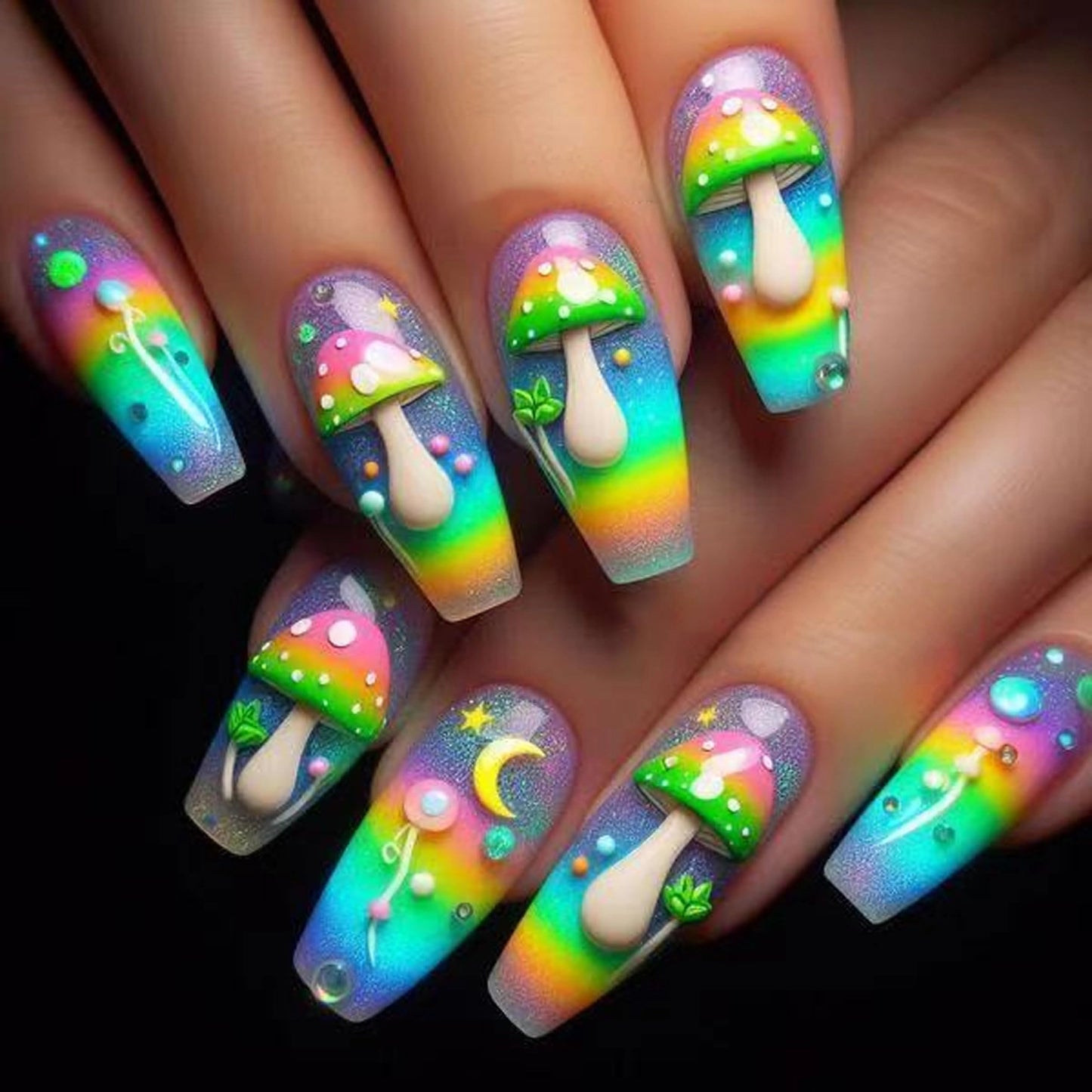 MERVF Coffin Press on Nails Long Fake Nails Colorful Glue ons Mushroom Design Cute Manicure Acrylic Neon Ballerina False Nail Supplies DIY Glossy 24pcs