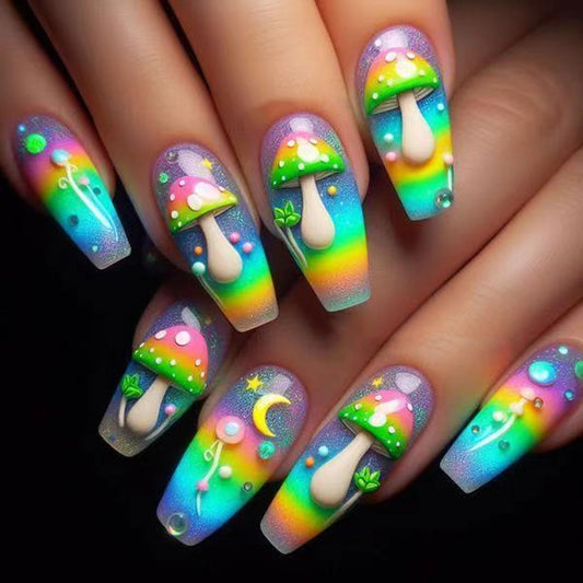 MERVF Coffin Press on Nails Long Fake Nails Colorful Glue ons Mushroom Design Cute Manicure Acrylic Neon Ballerina False Nail Supplies DIY Glossy 24pcs