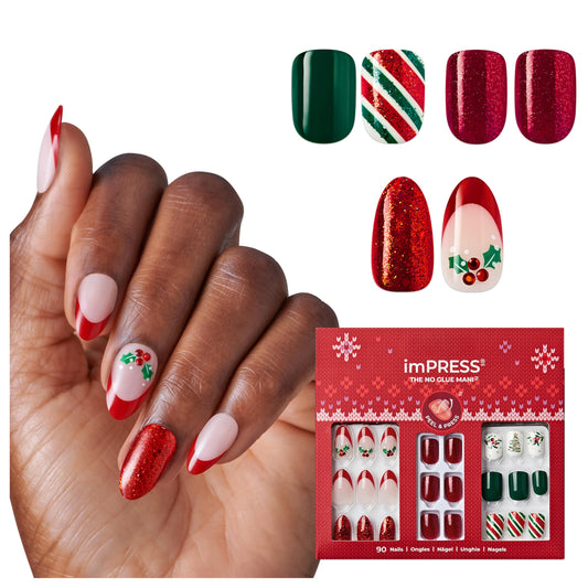 KISS imPRESS Press On Nails Limited Edition Holiday Gift Set #11, 3-Pack, Improved Super Hold Adhesive, 90 Fake Nails, 3 Prep Pads, 3 Mini Nail Files, & 3 Manicure Sticks