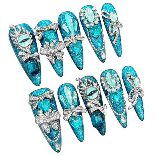 Handmade 3D Blue Green Gem Royal Stiletto Press On Nails, Luxury Rhinestone Artisan Nails Set, Reusable Glossy Press-ons with Tool Kit (M)