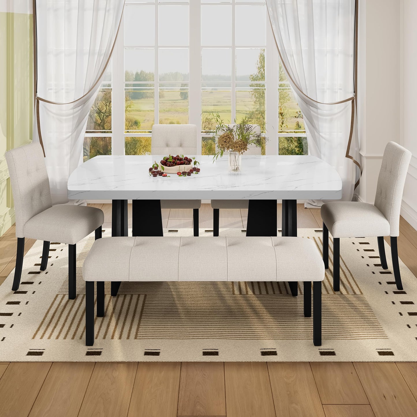 Merax 6-Piece Dining Table Set with Modern Faux Marble Oval Kitchen Tabletop, Four Upholstered Chairs and One Bench for Dining, Living Room, Kitchen, Easy Assembly, White+Beige