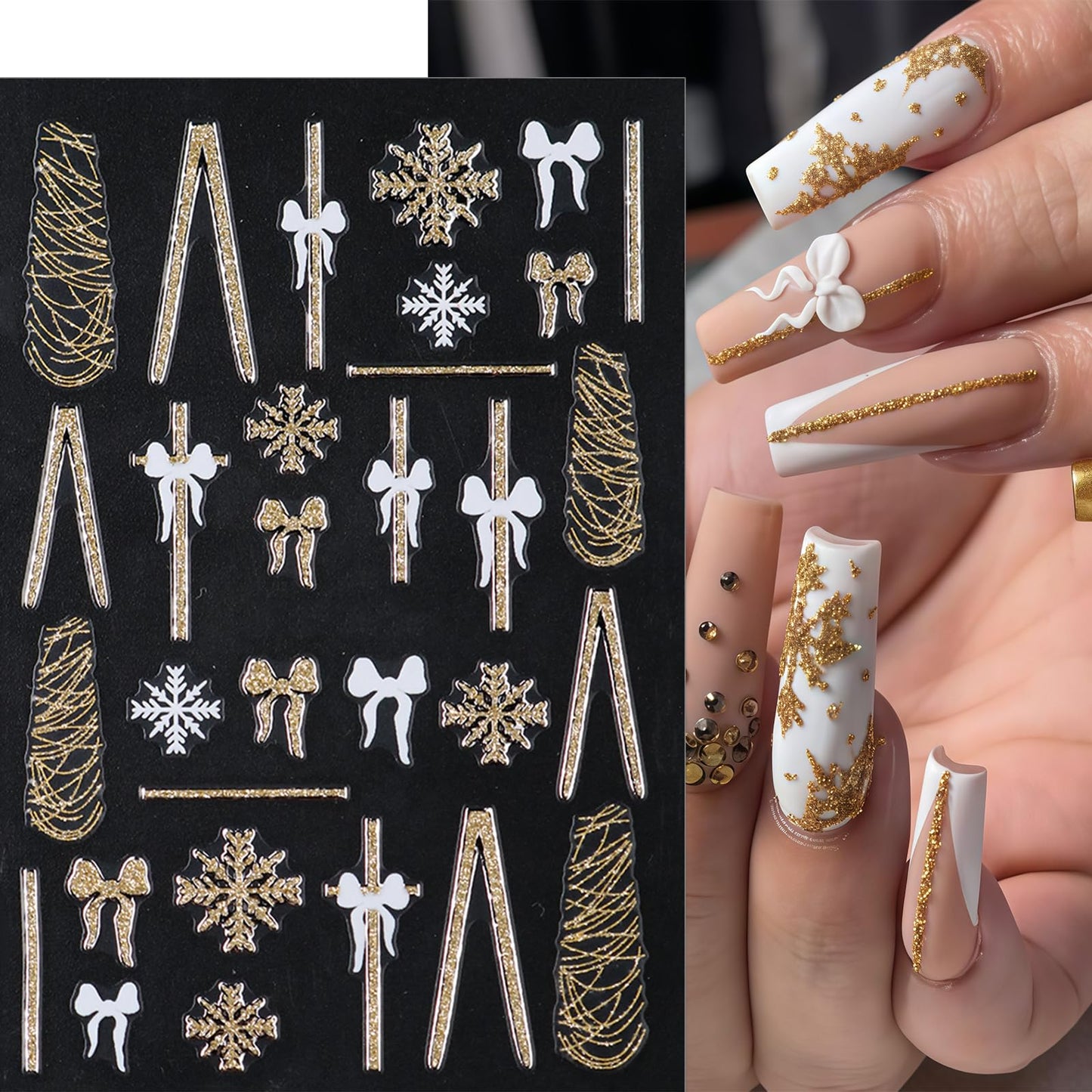 6 Sheets Christmas Snowflake Nail Stickers Bow French Nail Art Stickers Gold Glitter Line Bow 3D Self Adhesive Nail Decals Gold White Snowflake Nail Supplies Nail Decoration for Women DIY Manicure