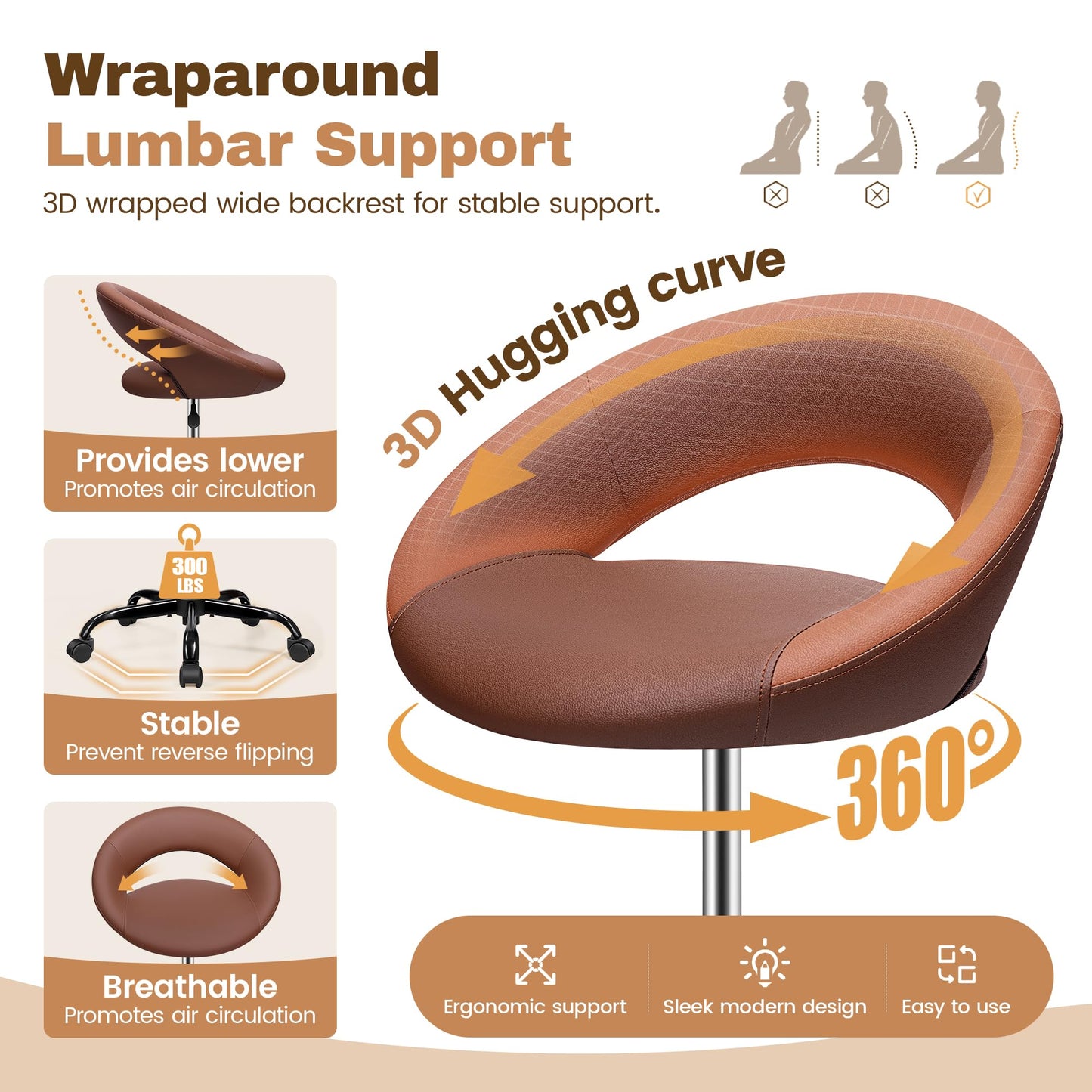 BESTFAIR Drafting Chair with Back, Height Adjustable Rolling Stool with Foot Rest, Tall 360° Swivel Stool PU Leather Chair with Wheels for Home Office, Standing Desk, Brown