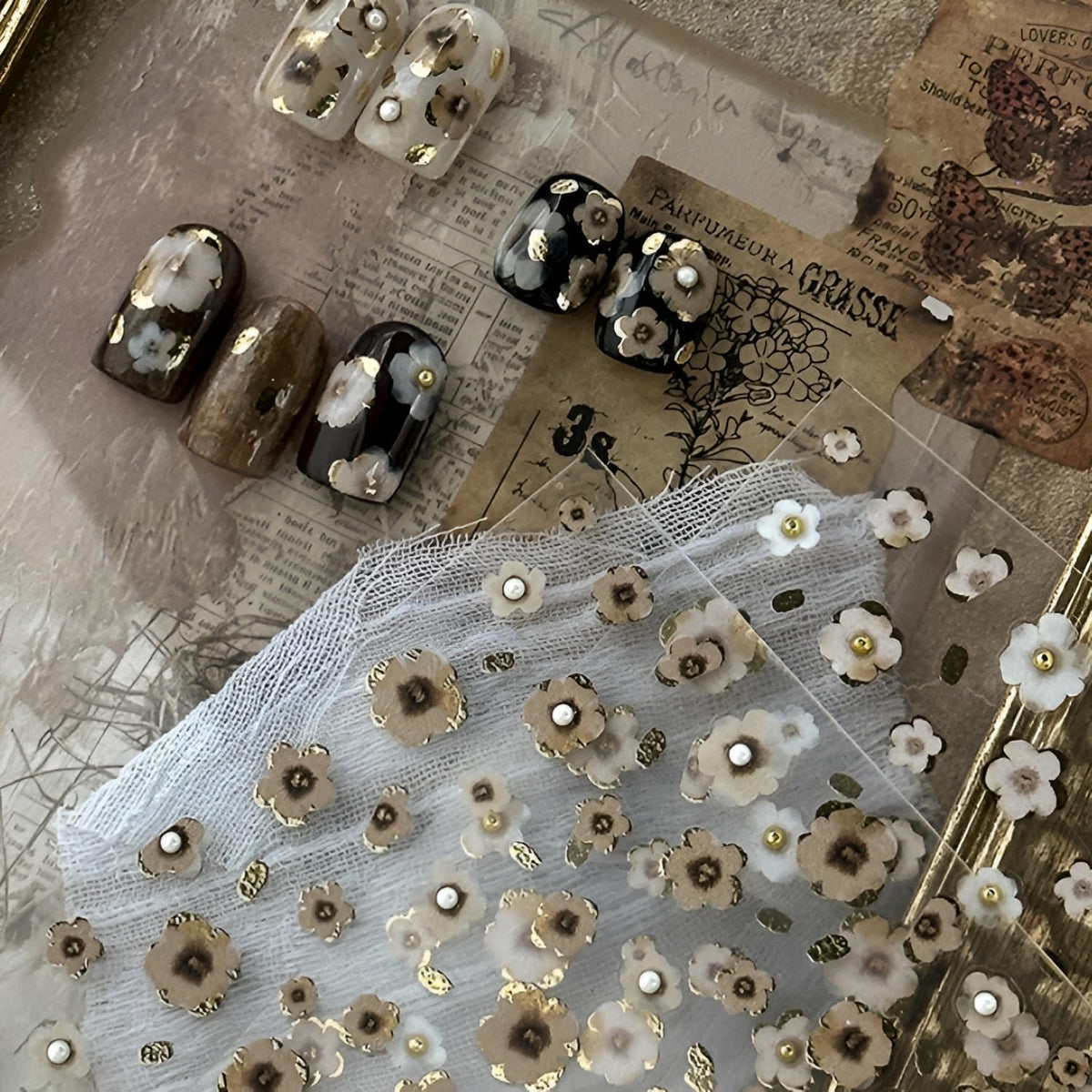 Flower Nail Art Stickers 5D Embossed Nail Decals with Pearls Design Summer Spring Nail Stickers for Nail Art Brown Flower Nail Design Self Adhesive Nail Charms Decoration Accessories for Women