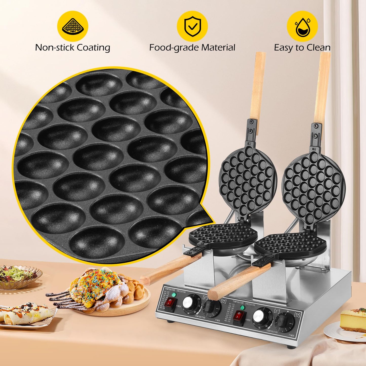 Dyna-Living Bubble Waffle Maker Commercial Double-head Egg Puff Waffle Maker, 1400W & 1400W Non-stick Hong Kong Bubble Waffle Machine, 180° Rotating, Non-stick Coating, Dual Temperature Control