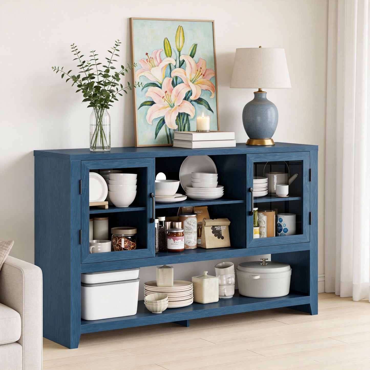 Garvee 53" Kitchen Buffet Sideboard Cabinet - Coffee Bar Table with 2 Glass Doors and 3 Shelves, Modern Storage Cabinet for Living Room, Entryway, Dining Room, Blue