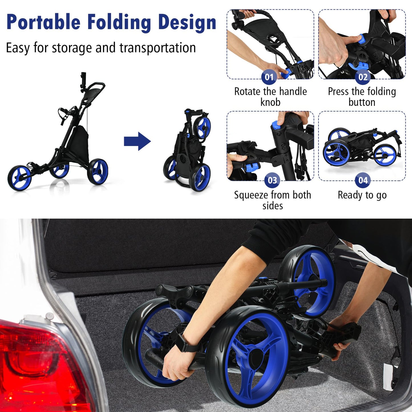 ULTIMATE 3 Wheel Golf Push Cart, Aluminum Folding Golf Walking Push Cart w/Elastic Strap, Umbrella & Cup Holder, Scoreboard Storage, Insulated Storage Bag, Adjustable Handle & Foot Brake (Blue)