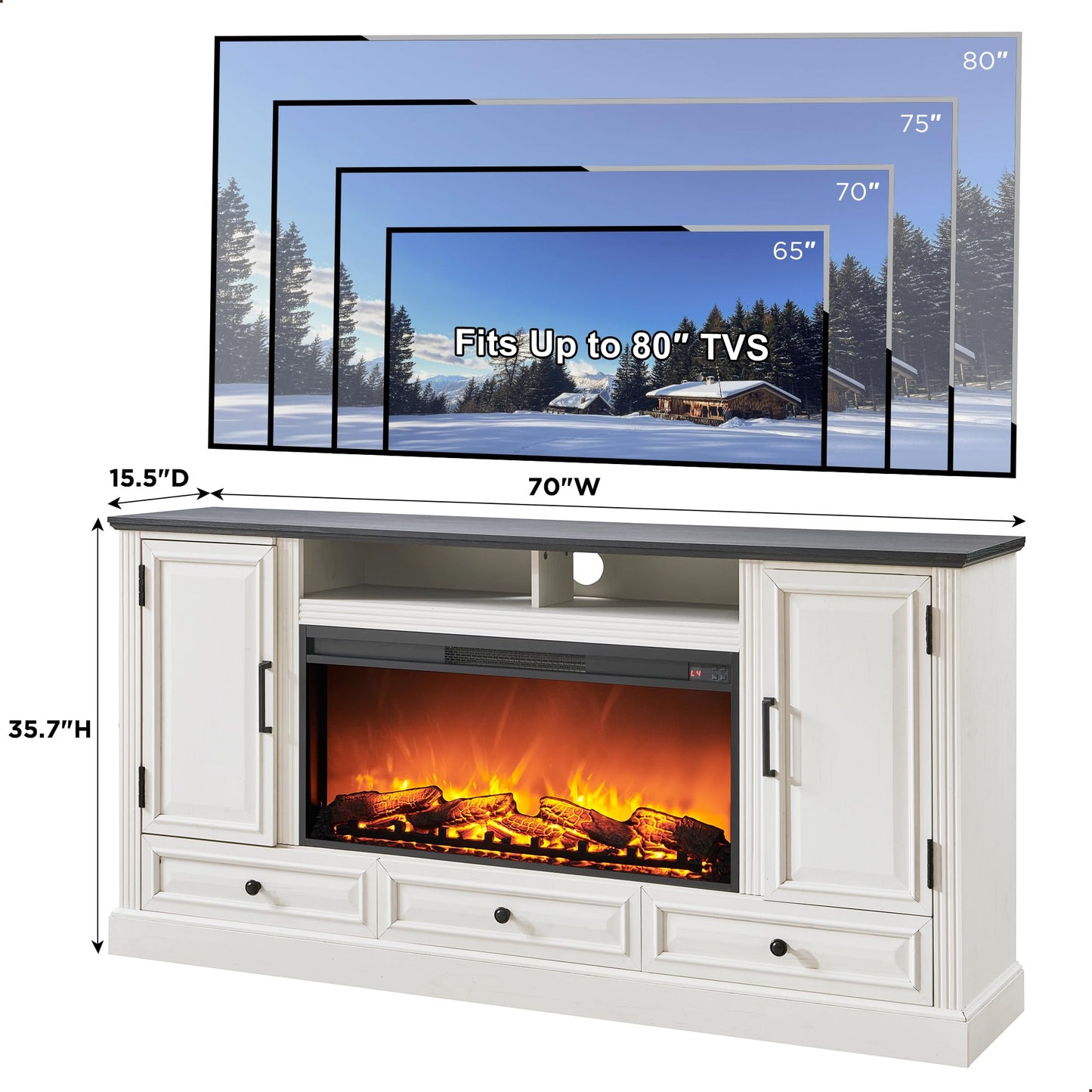 ACCOHOHO Fireplace TV Stand for 80 Inch TV, 35.7" Tall Farmhouse Entertainment Center W/36'' Electric Fireplace, Media Console with Large Storage Cabinets and Drawers for Living Room, Antique White