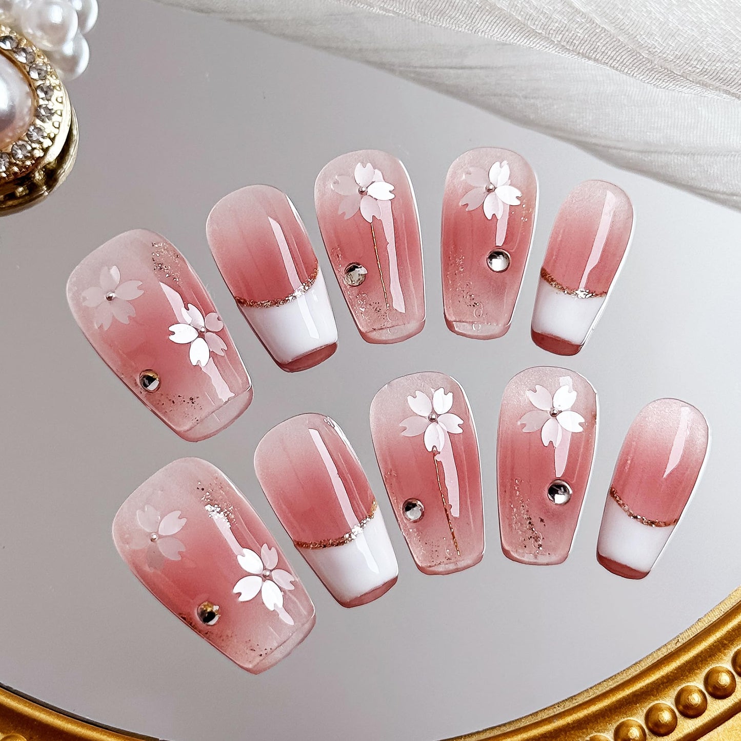 Veil Press On Nails 10pcs, Pink Cherry Blossom Gradient UV Gel/Acrylic False Nails, Elegant Floral French Tip Spring Blossom Nail Art for Women, Cute Pastel Flower Soft Glam Nail Set (Pink, XS)