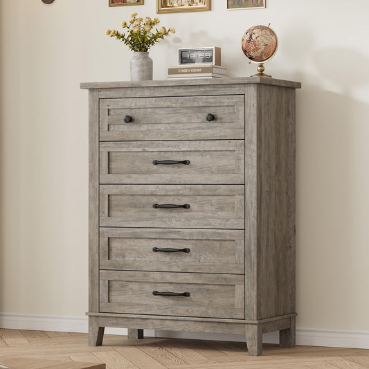 GarveeHome 5 Dresser for Bedroom, 41.3 in Tall Vertical Drawer Dresser with Large Storage, Freestanding Wooden Closet Chest for Bedroom, Living Room, Ash Grey