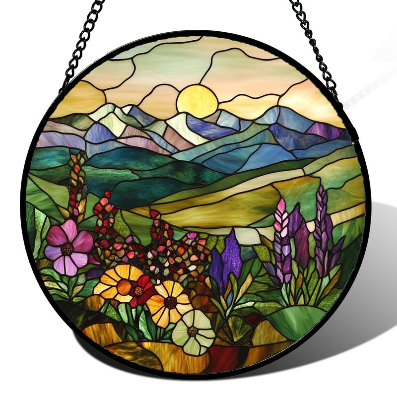 QZQCBLC Stained Glass Window Hanging Purple Wildflowers Pastoral Scenery 7.8" - Suncatcher Door Garden Sun Catcher Home Decor Birthday Christmas for Mom Men Woman Friend