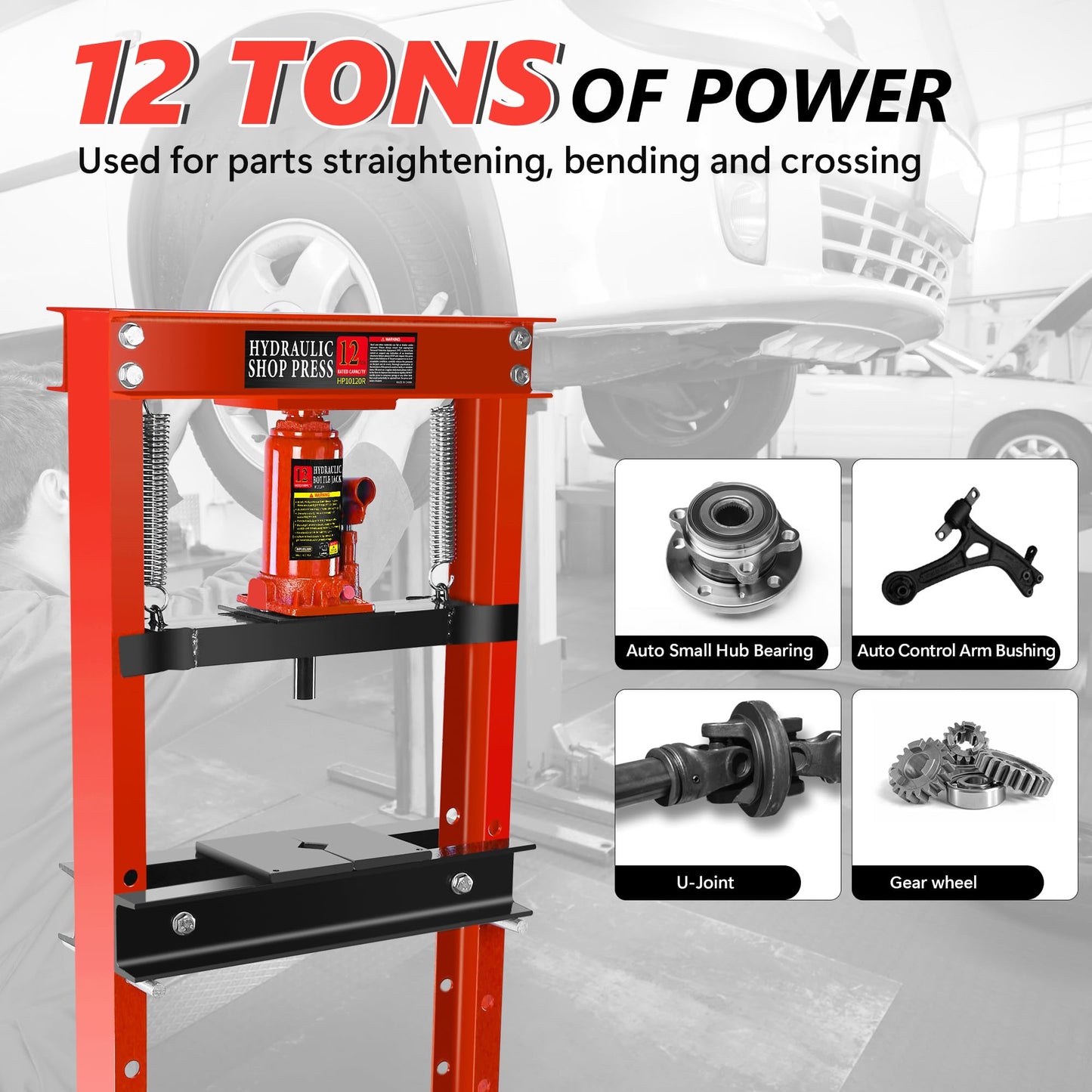 Hydraulic Shop Press,12 Ton H-Frame Garage Floor Adjustable Shop Bearing Press with Stamping Plates to Bend, Straighten, Or Press Parts, Install Bearings & U-Joints