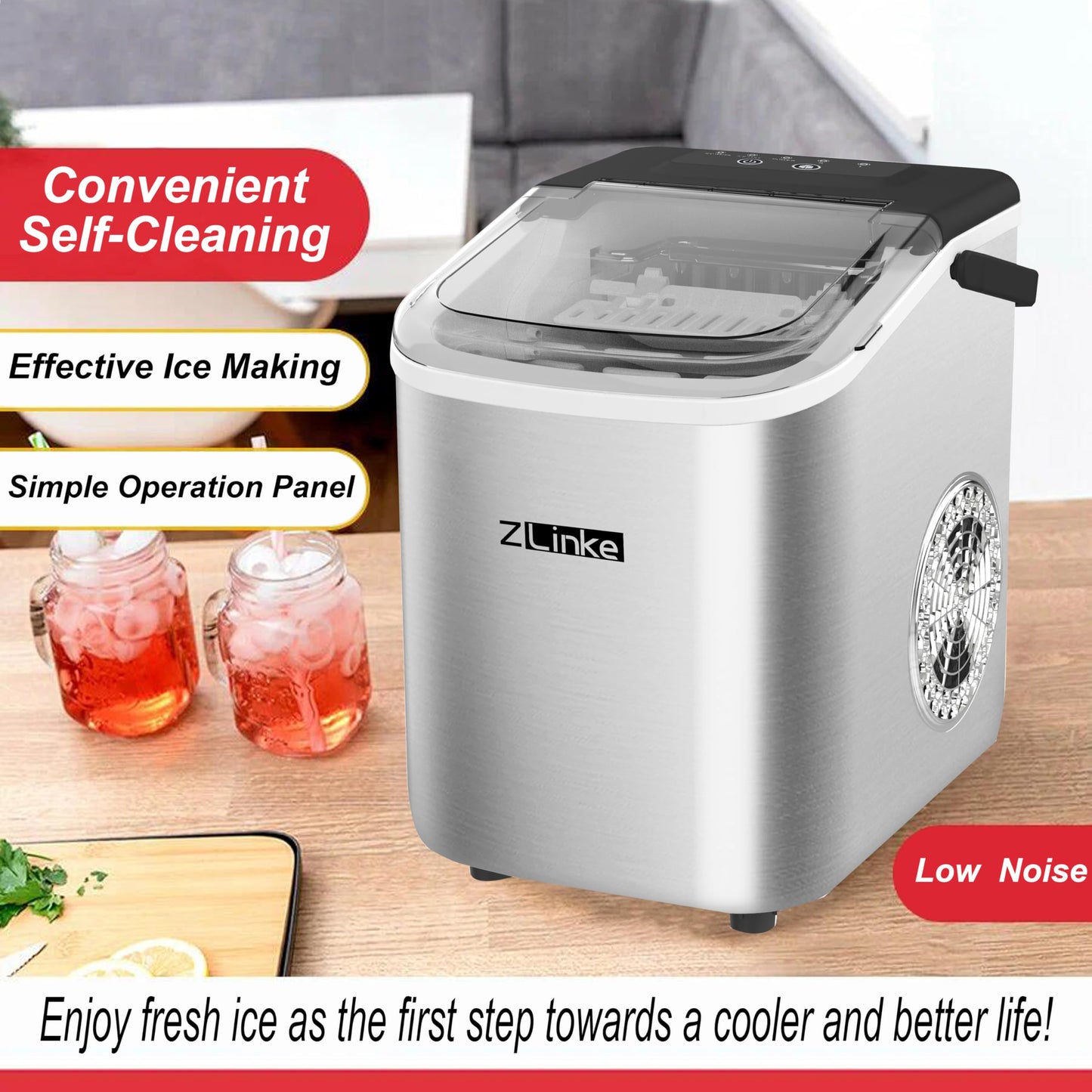 Countertop Ice Maker Machine - 6 Mins 9 Bullet Ice, 26.5lbs/24Hrs, Portable With Self-Cleaning, Scoop, and Basket (Steel)
