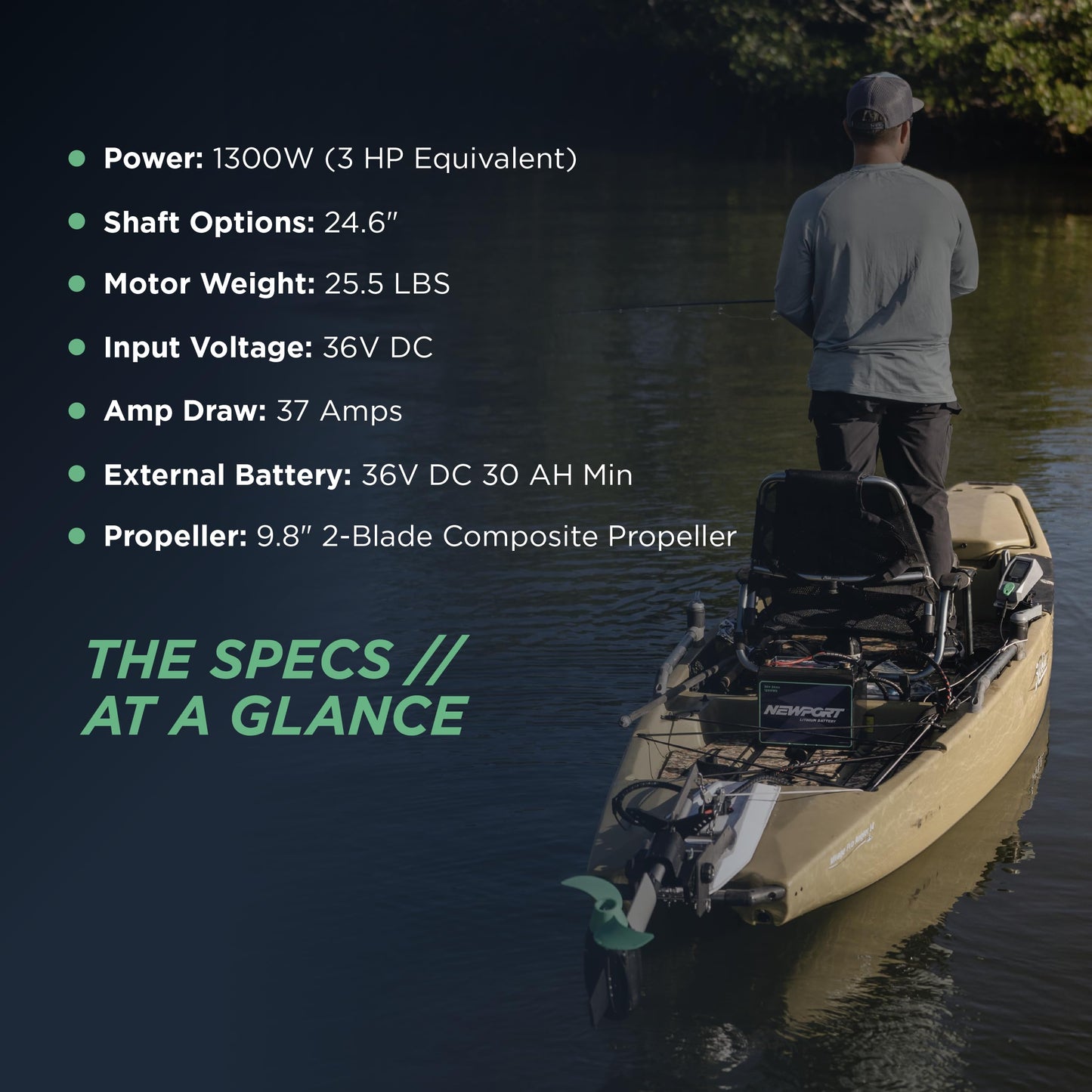 Newport NK300 Electric Kayak Motor - 3HP Equivalent, 36V Brushless Direct Drive, Extended Range up to 66 Miles, Whisper-Quiet Precision, and Optimized Efficiency