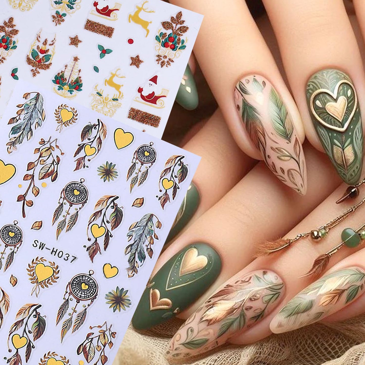 4Sheets Christmas Nail Art Stickers 3D Self-Adhesive Sock Bell Bow Nail Decals for Acrylic Nails Heart Dream Catcher Designs Nail Sticker Glitter Santa Claus Elk Nail Decal for Women DIY Nails Decor