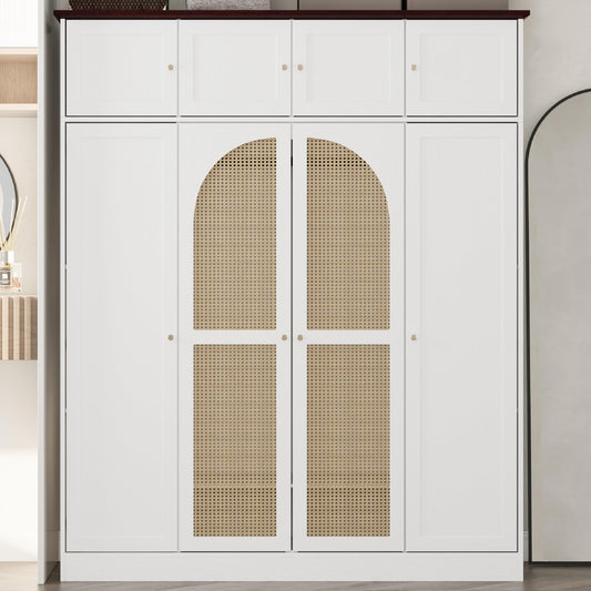 KEIKI Large 8 Doors Wood Wardrobe, Bedroom Tall Armoire Closet Organizer w/Rattan Decorative, Hanging Rails & Adjustable Shelves Clothes Storage Cabinet for Garage & Laundry Room, White