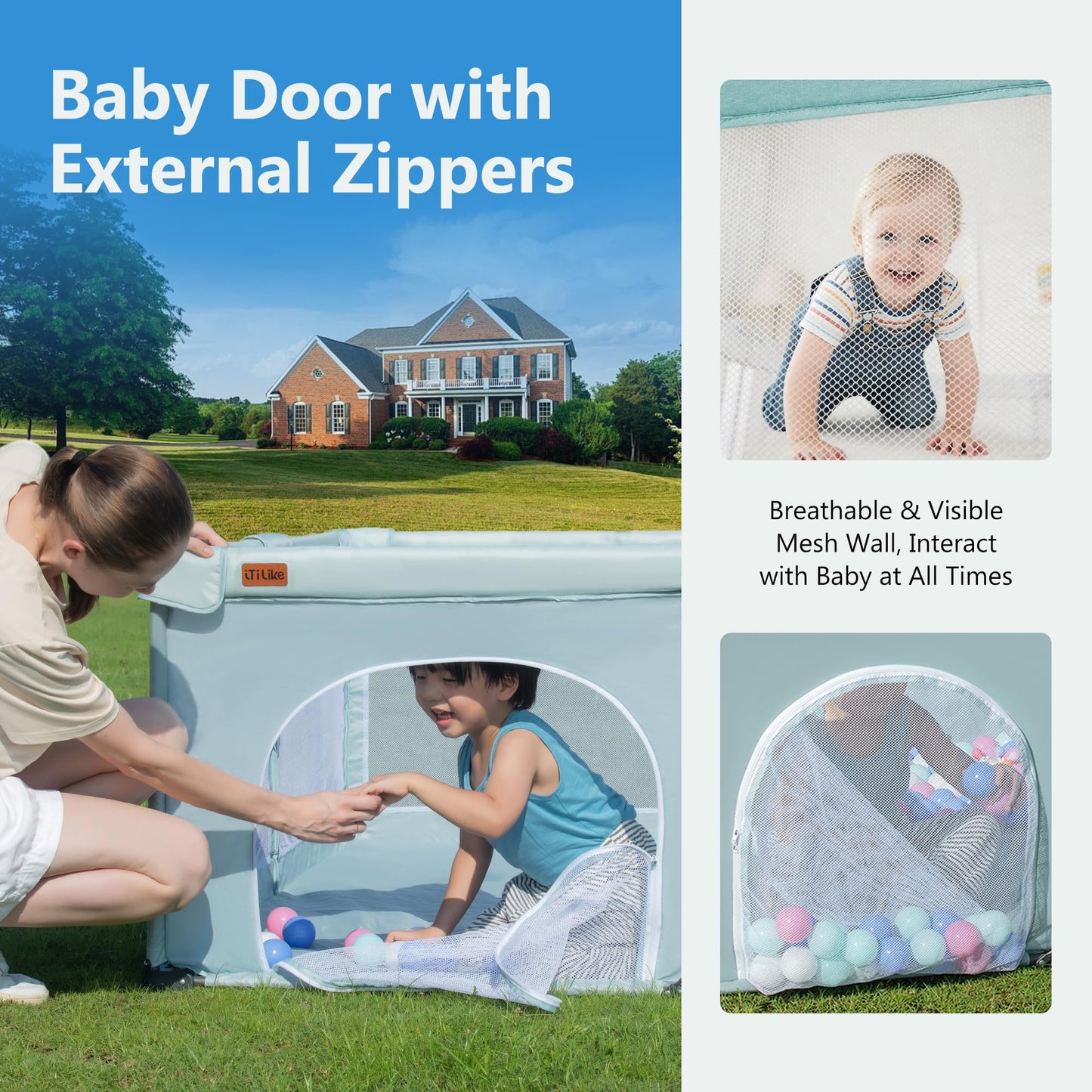 Foldable Baby Playpen, iTiLike Large Playard with Detachable Thickened Washable Water-Resistant Mat, Playpen for Babies and Toddlers, Play Pens with Gate, Indoor & Outdoor Portable Play Yard