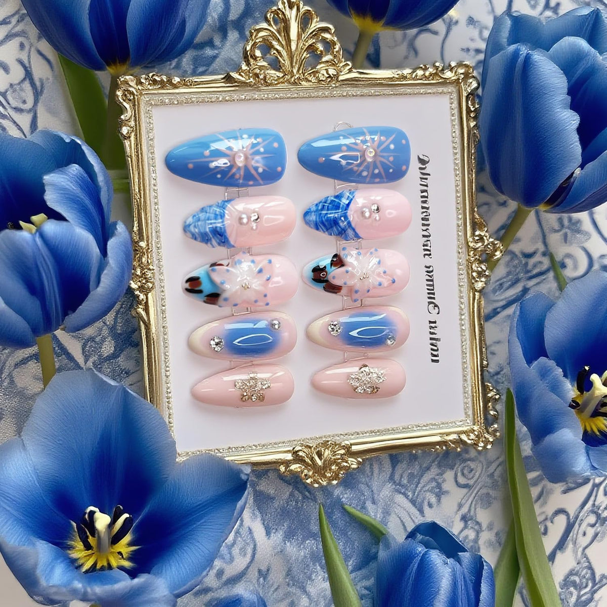 Handmade Press on Nails Medium Almond Fake Nails Press Ons Summer 3D Luxury Cute Flower Full Cover Stick on Nails Floral Glue on Nails for Women Girls Manicure (Blue Summer M)