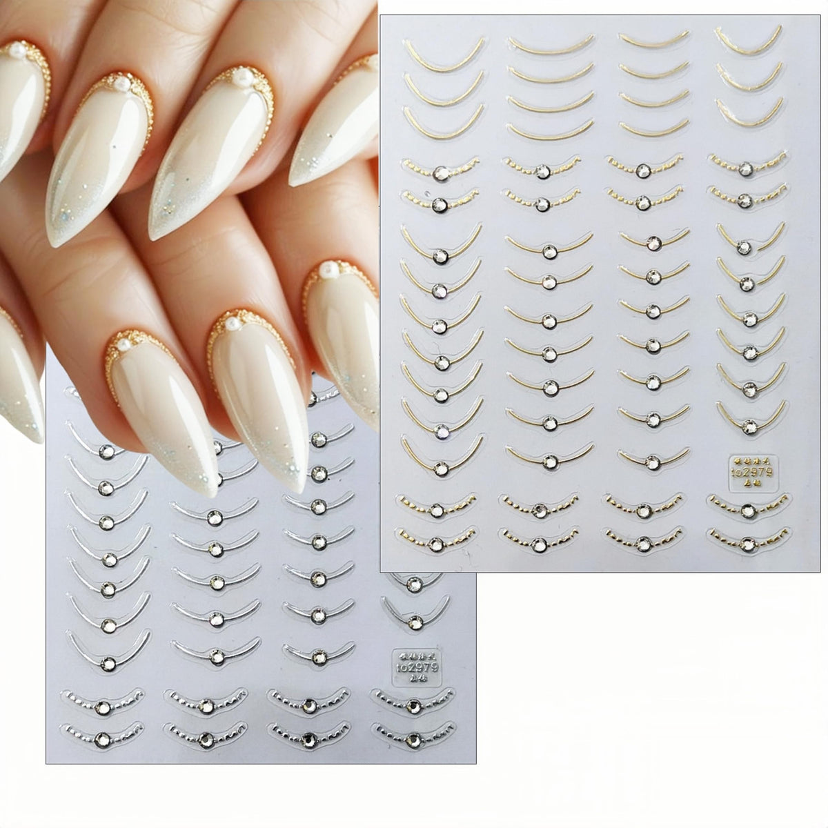 2 Sheets French Line Nail Art Stickers - 5D with Crystal Diamond Nail Stickers Simple Gold and Silver Line Nail Decals French Nail Designs Women's Nail Art Decoration