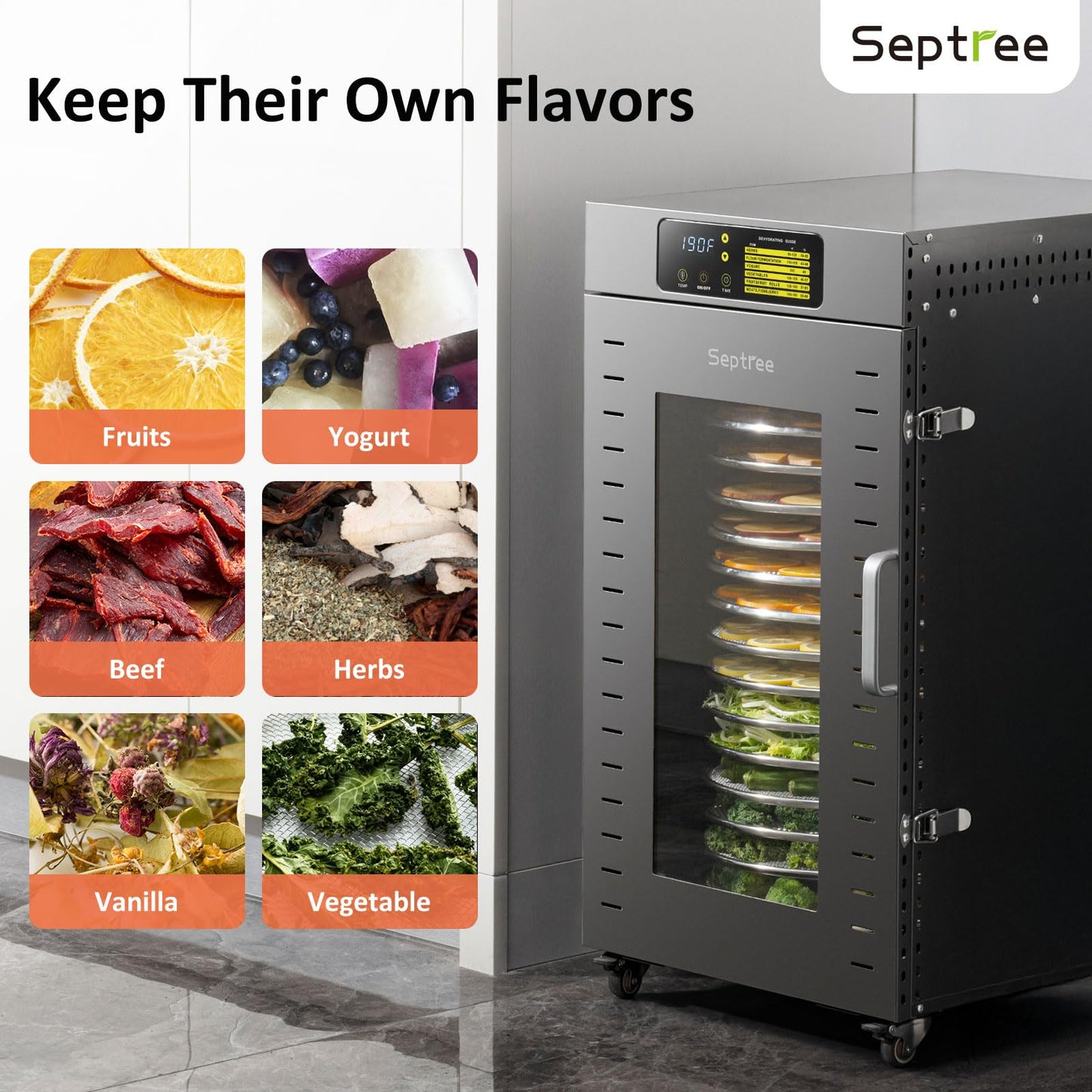 Septree Rotary Food Dehydrator 16 Trays, Commercial Large Rotating Food Dryer Machine for Jerky, Herbs, Mushrooms, Fruit, Dog Treats, 1500W Full Stainless Steel Industrial Dehydrater (Gunmetal Gray)