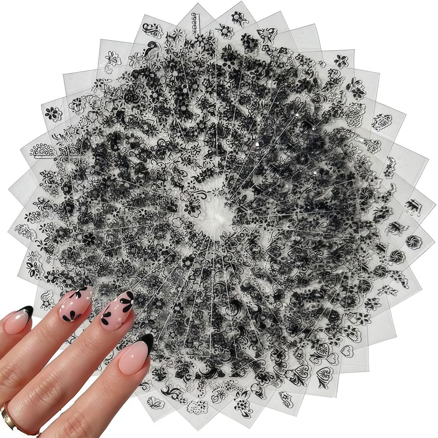 30 Sheets Black Flower Art Nail Stickers for Women Girls, 3D Rhinestones Self-Adhesive Decals Supplies, Floral Butterfly Heart Designs Accessories Decorations
