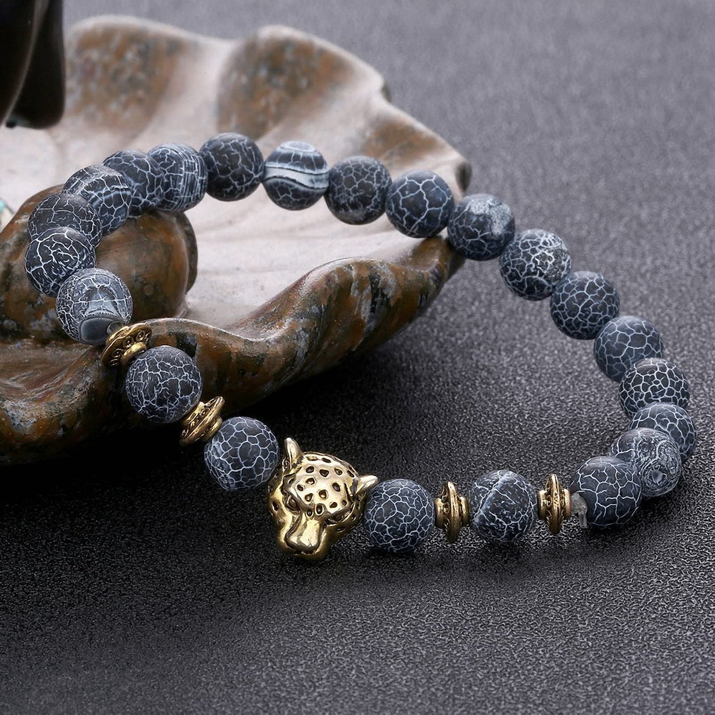 Unisex 8 mm Volcanic Lava Rock Gold Plated Panther Leopard Head Bead Buddha Bracelet Natural Stone Anti-Anxiety Essential Oil Diffuser Energy Balance Stress Relief Reiki Chakra Healing Yoga Meditation