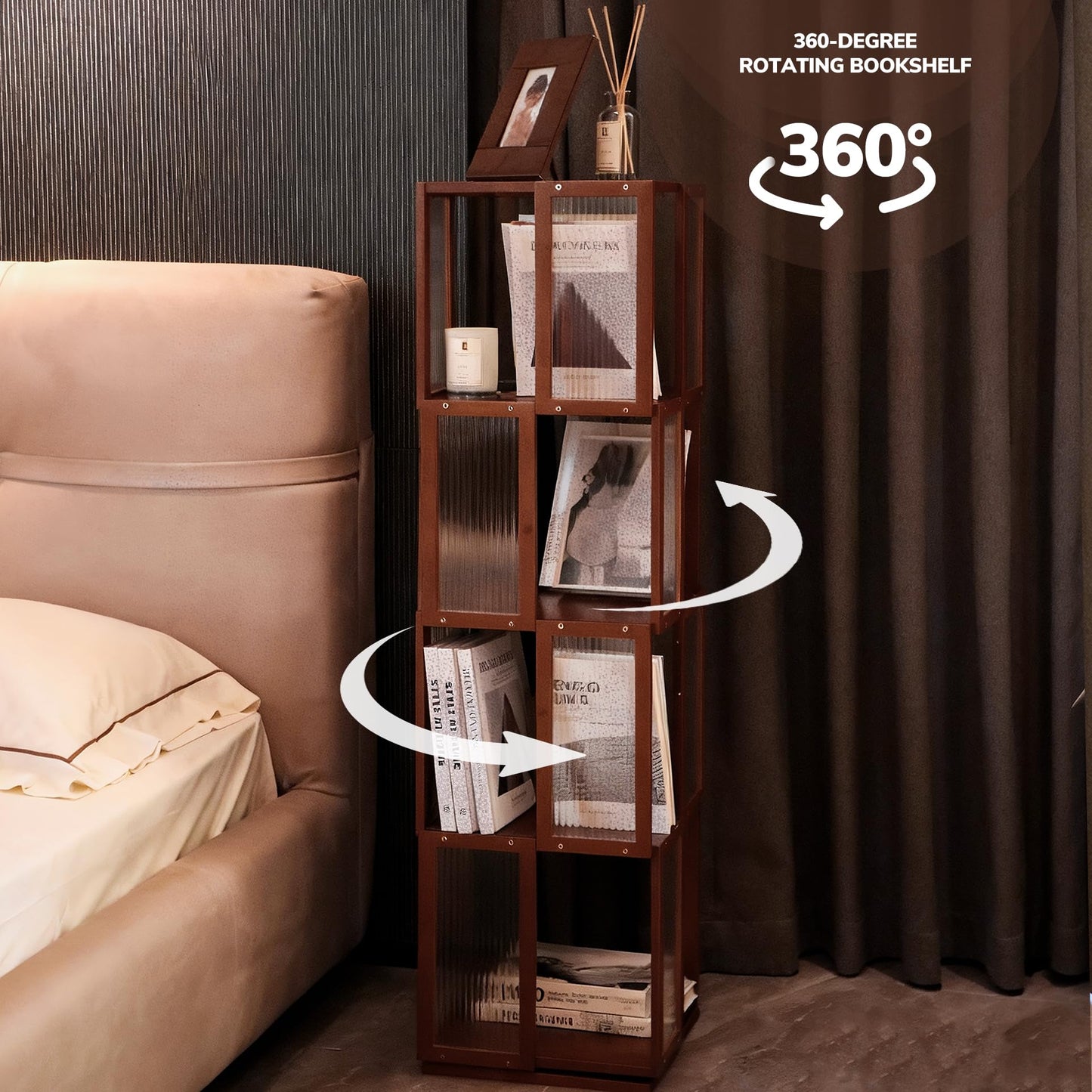 BAMEOS Rotating Bookshelf Tower 4 Tier, 360 Spinning Bookcase with Solid Wood Frame & Bamboo Finish, 4-Component Easy Assembly Corner Book Shelf for Small Spaces, Office, Bedroom, Living Room