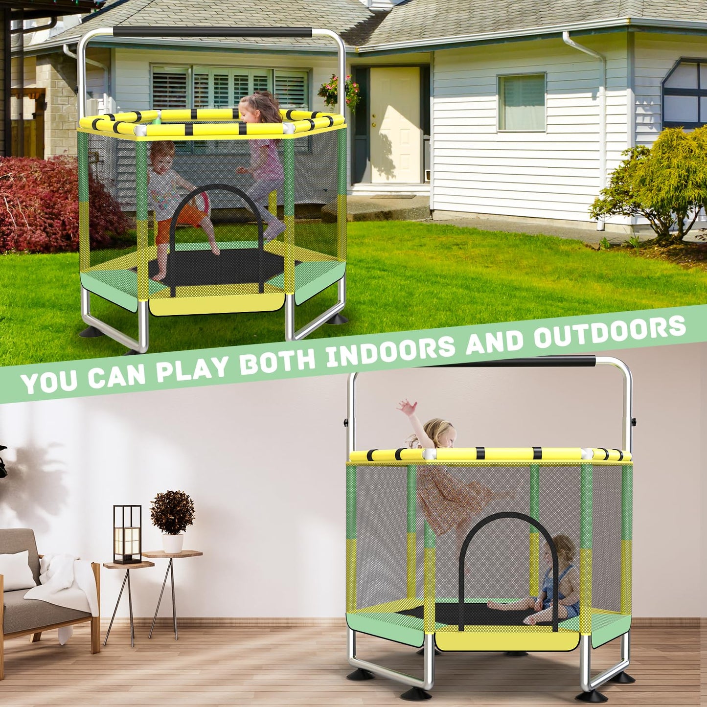 60" Trampoline for Kids, Upgrade Full Anti-Rust 440lbs Indoor Outdoor Toddler Trampoline with Net, Adjustable Trampolines with Anti-Rollover Bottom, Birthday Gifts for Boys & Girls