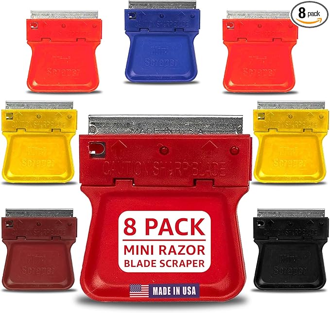 MINISCRAPERÂ® Original Mini Scraper â 8 Pack | Safe Plastic Razor Blade Scraper for Stickers, Labels, Paint, Adhesive, Glass, Auto, Kitchen & Craft Use | USAâMade, HighâVisibility Colors