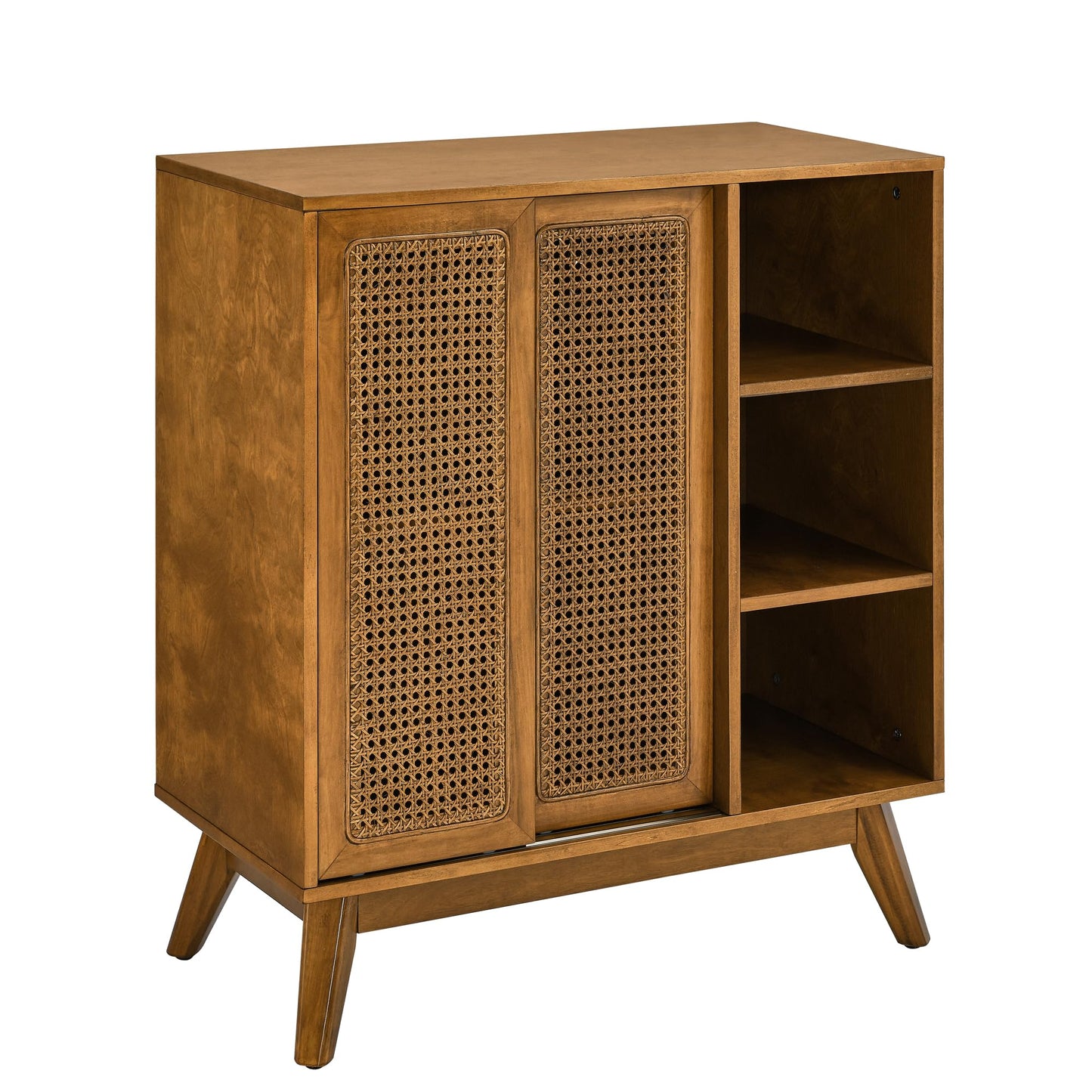Ball & Cast 32" Mid Century Modern Rattan Sideboard Cabinet with 2 Sliding Doors, Buffet Cabinet w/Adjustable Shelf & Solid Wood Legs for Entryway, Living Room, Kitchen,Dining Room, Light Walnut