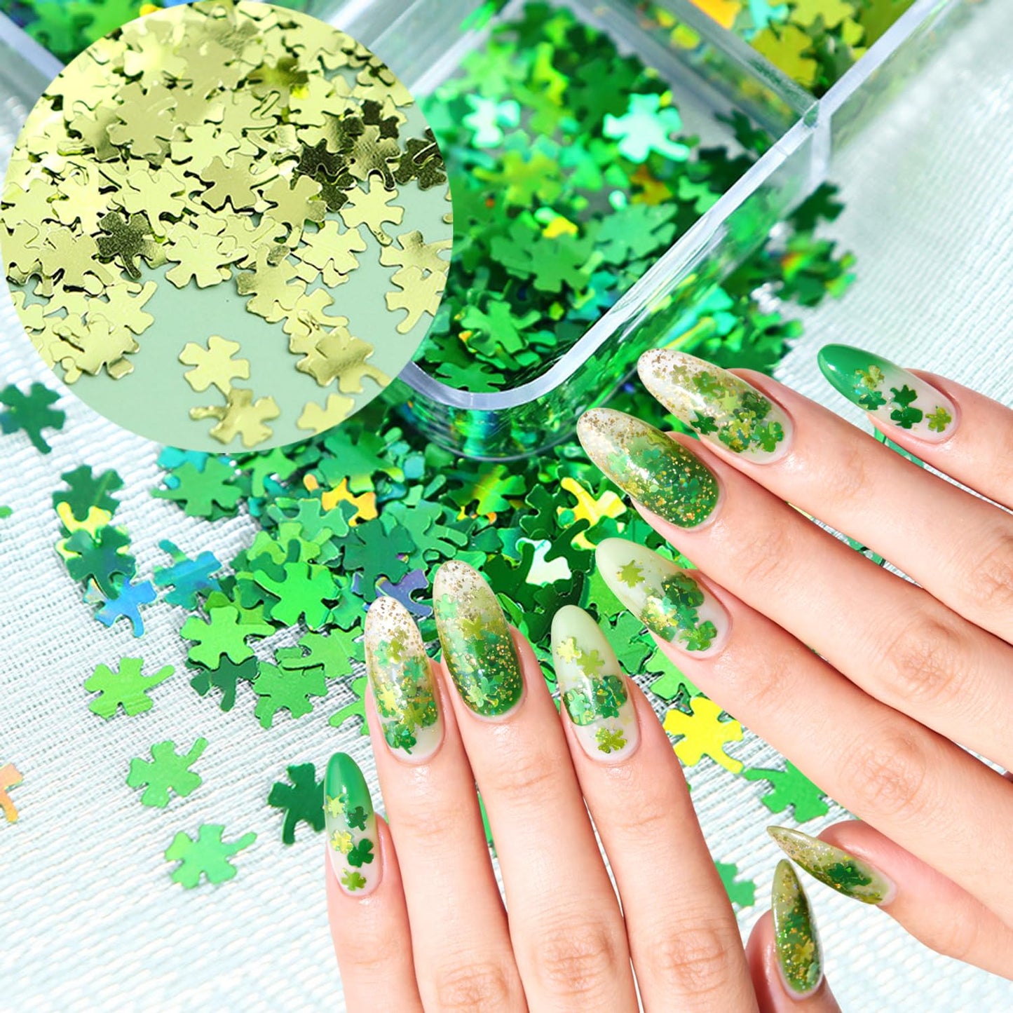 St. Patrick's Day Nail Art Glitters Kit - 3D Sparkling Four-Leaf Clover Design Green Shamrock Nail Glitter Flakes Irish Lucky Shaped Nail Sequins for Women Spring Manicure Decor DIY Accessories Crafts