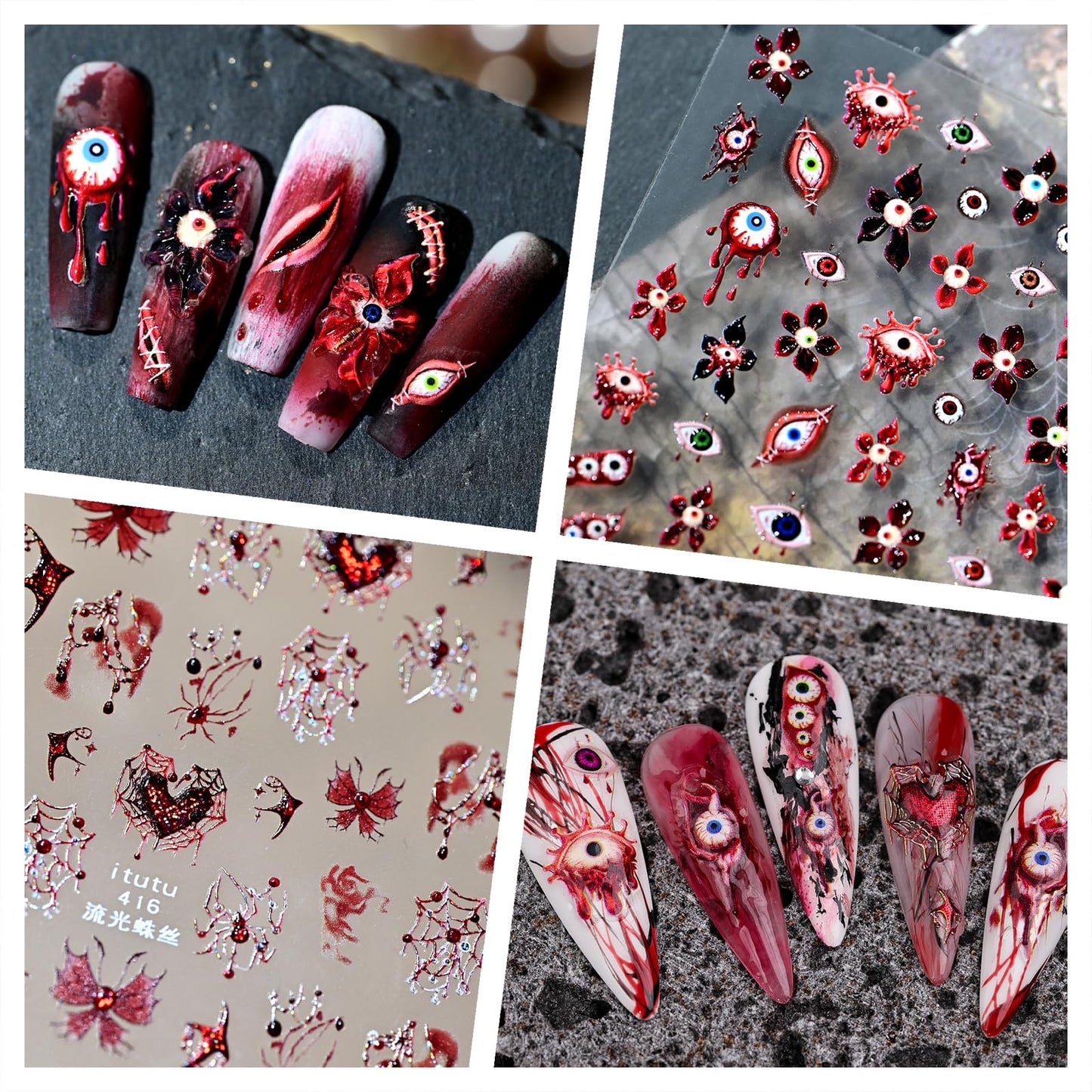 Halloween Nail Stickers for Nail Art 2 Sheet, Red Hibiscus Flowers Evil Eye Nail Decals 5D Embossed Spider Web Bat Design Stickers Halloween Nail Supplies for Women Girls DIY Nail Decorations