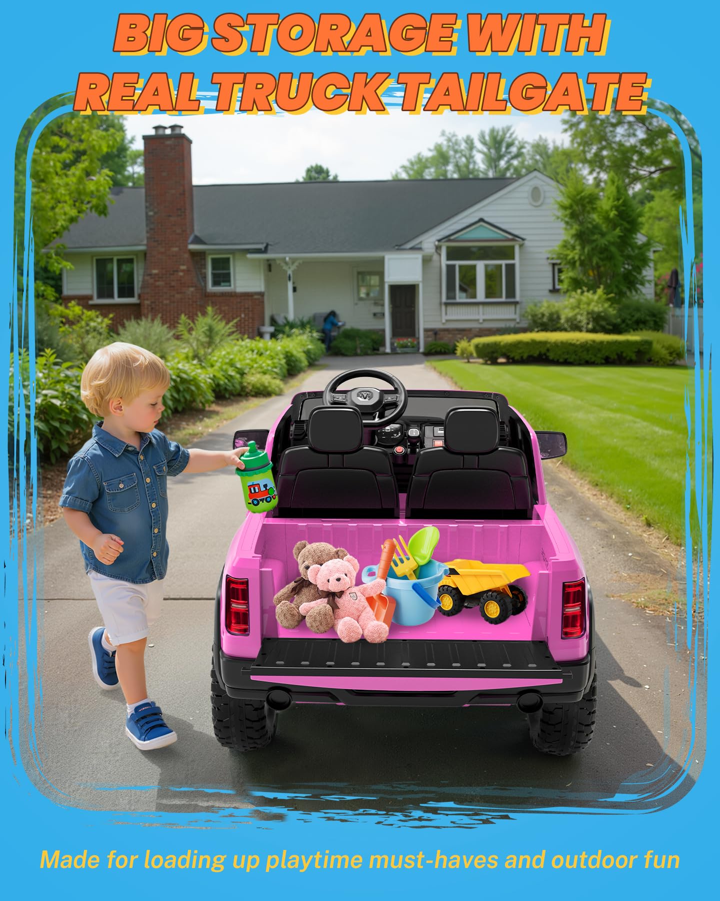 ENYOPRO 24 Volt Ride on Toys for Girls, Licensed RAM 1500 RHO 2 Seater Electric Car w/Remote Control, Kids Electric Vehicles w/Working Truck Tailgate, Suspension, Music, LED Lights (Pink - High Door)