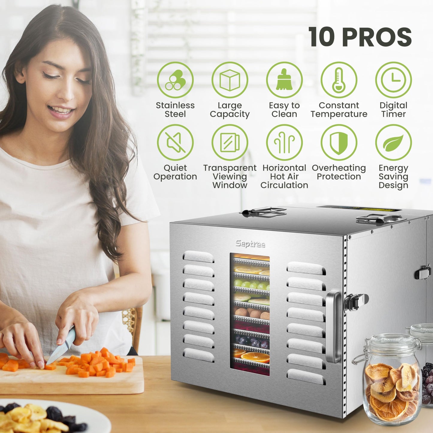 Commercial 10 Trays Food Dehydrator Machine for Jerky and Herbs Usable Area up to 24.65ft² and 194℉ Temperature 1000W Detachable Stainless Steel Dryer for Meat Fruit Mushrooms Beef Food Silvery